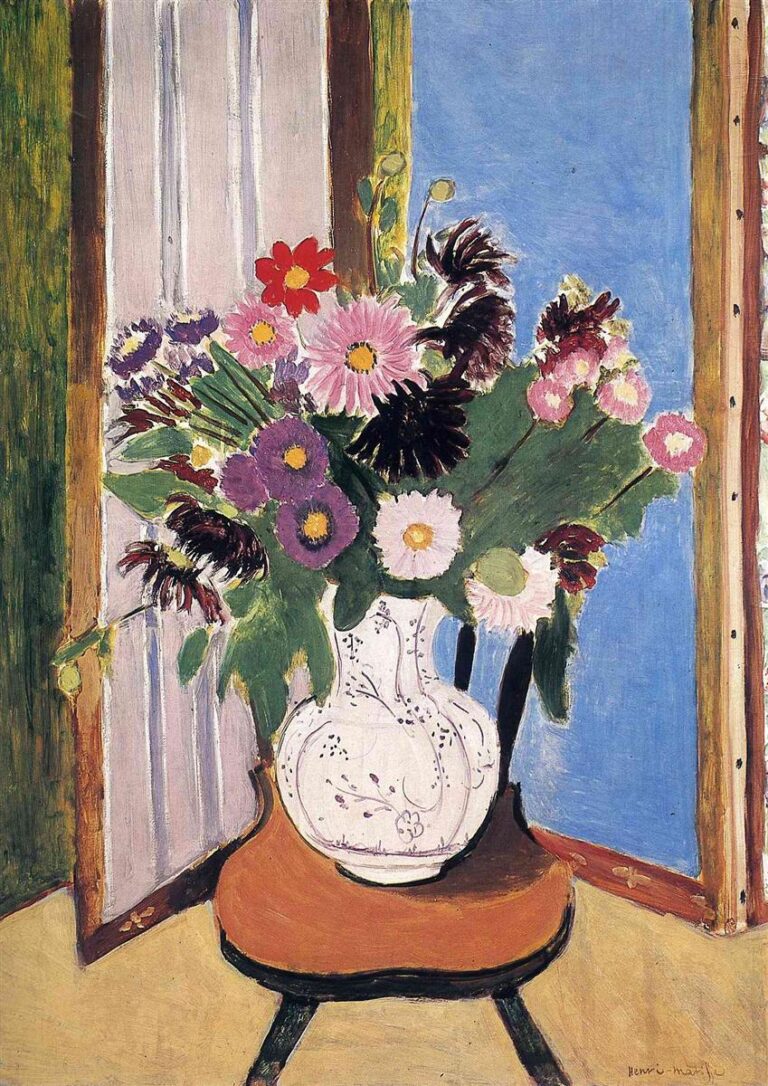 White pitcher with painted ornament brimming with pink, red, violet, and white daisies and green leaves, set on a wooden chair before an open window with pale shutter and bright blue sky; bold, visible brushstrokes and shallow, decorative space.
