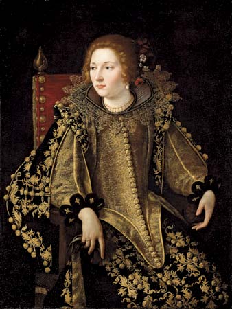 Noblewoman seated on a red-backed chair, turned three-quarters to the left, wearing a gold-embroidered black gown with a high ruff and pearl necklace, hands resting on the chair, face softly lit against a dark background.