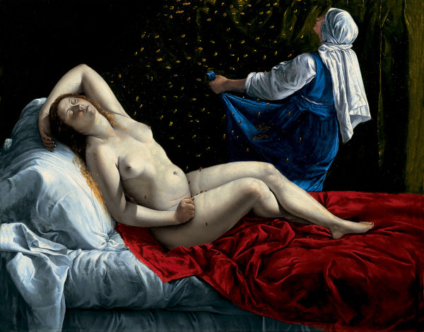Reclining nude Danaë lies on white sheets and a red blanket as a golden rain falls; at the back a maid in blue gathers the coins in her apron while cool light models Danaë’s body and deep shadow frames the scene.