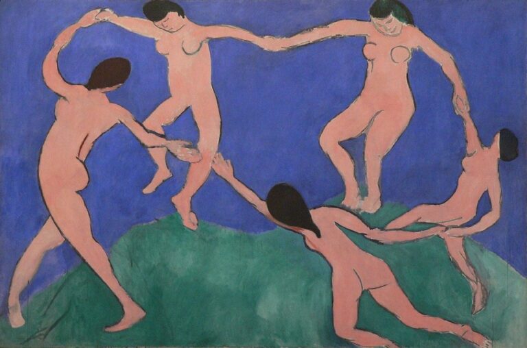 Five simplified nude figures form a hand-linked circle on a green hill against a broad blue field; dark contours and large pink planes emphasize motion as they dance counter-clockwise in Matisse’s 1909 “Dance.”