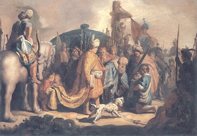 A crowded camp scene where the richly robed King Saul stands at center as the kneeling David presents Goliath’s severed head; attendants hold the royal train, spearmen and riders surround them, and a small dog darts across the foreground under warm, raking light.