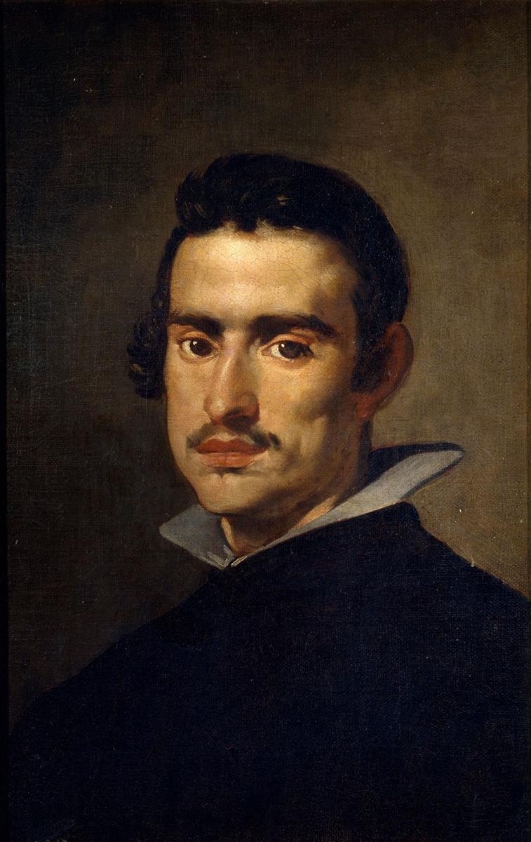 Three-quarter head-and-shoulders portrait of a young man with dark hair and a small mustache, wearing a dark garment and sharp upturned collar, lit from the left against a warm brown ground; Diego Velazquez, 1623.