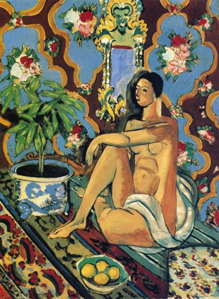 Seated nude with white drapery on patterned carpet before a blue floral, rococo-patterned wall; gilded mirror behind, potted plant at left, and a small bowl of lemons at right, painted by Henri Matisse in 1925.
