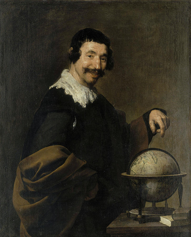 Half-length portrait of a smiling man identified as Democritus, wearing dark clothing with a white lace collar, pointing to a terrestrial globe on a small table while holding a brown cloak; warm light illuminates his face and hand against a subdued background.
