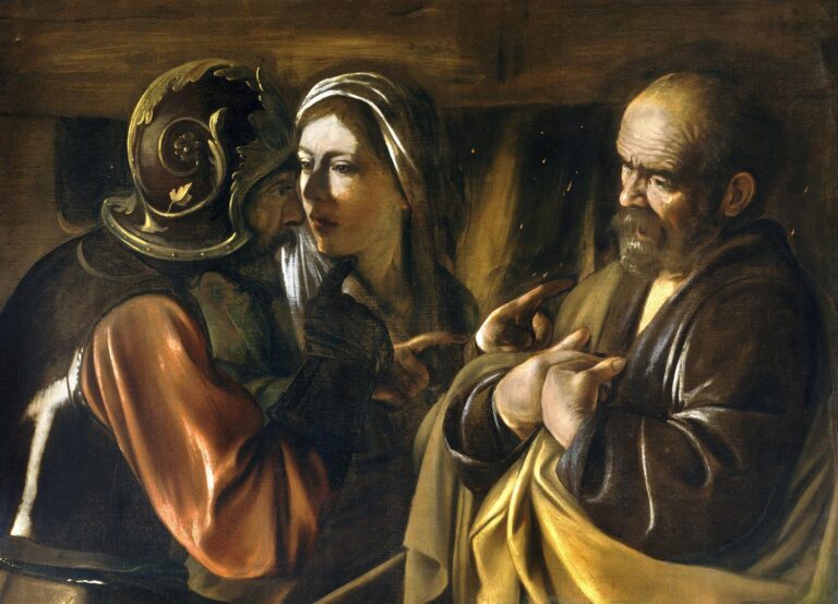 In a dark interior a soldier in a crested helmet and a young servant girl point toward Peter, whose arms fold anxiously across his chest; strong side light illuminates their faces and hands while the background falls into shadow, capturing the tense moment before Peter’s denial.