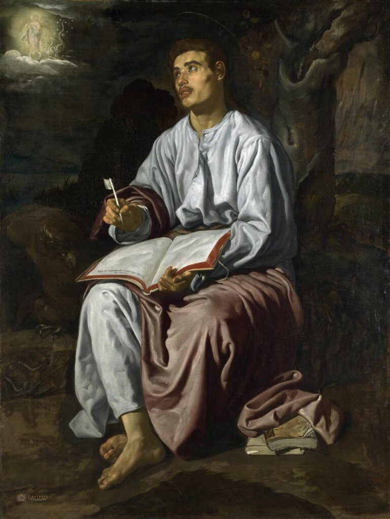 Barefoot Saint John sits outdoors with an open book on his lap and a quill poised to write, gazing toward a small glowing vision in the sky; an eagle rests beside him, a tree rises at right, and his white tunic and rose mantle catch soft light against a dark landscape.