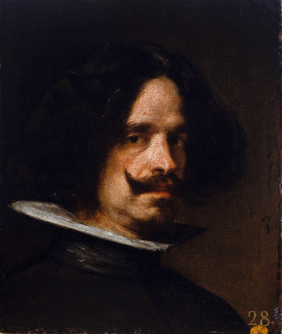 Bust-length self-portrait of Velazquez with dark hair and curled moustache, turning three-quarters toward the light, wearing a black coat and a crisp white collar against a deep, atmospheric background.