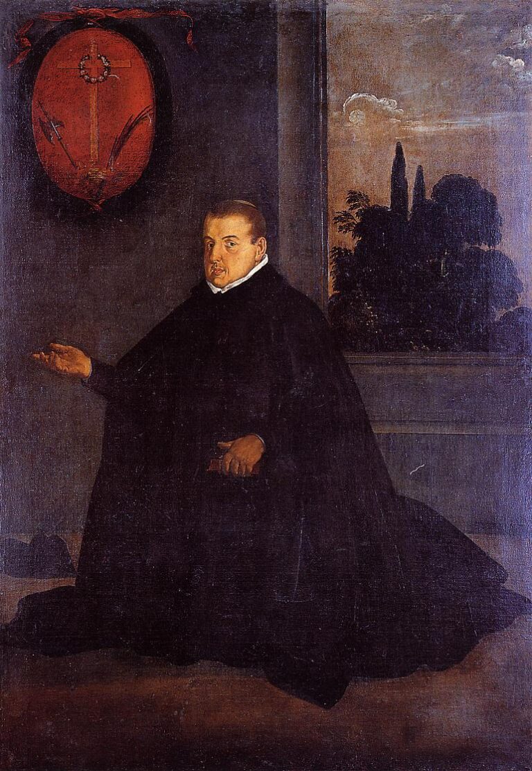 Full-length portrait of a seated cleric in a black mantle, one hand extended in address and the other holding a small book; a red oval shield hangs on the wall at left and a window at right reveals cypress against a pale sky, all lit by soft, frontal light.