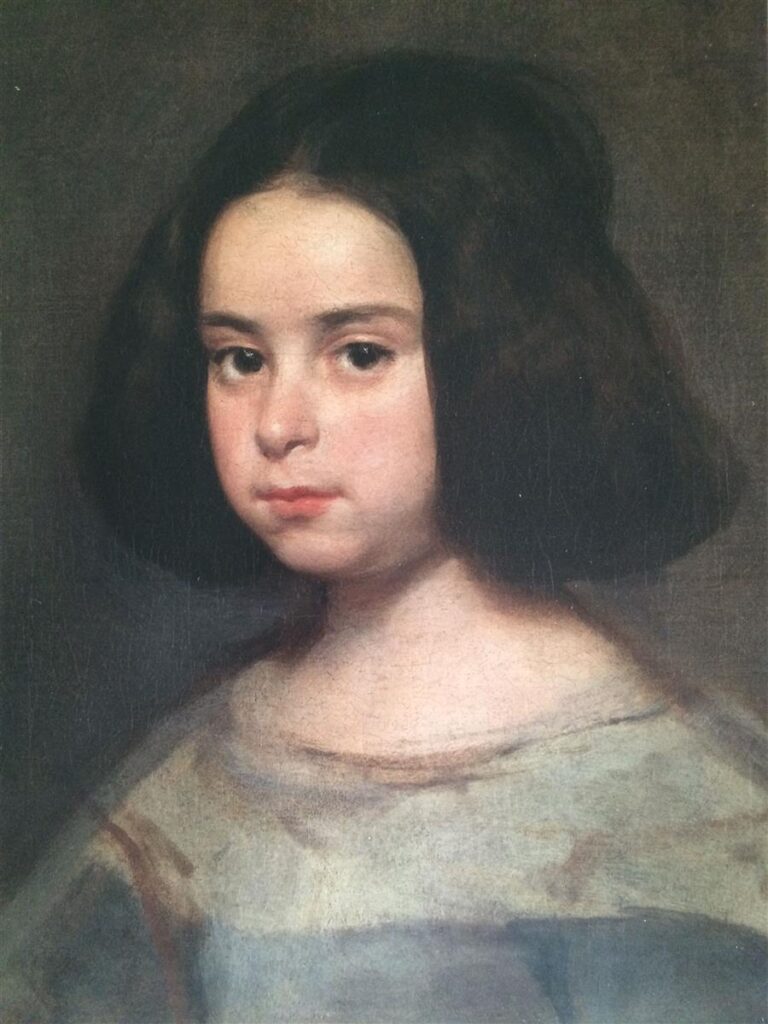 Close bust-length portrait of a young girl with dark bobbed hair against a muted background, her face softly lit and serious, wearing a simple gray-green dress with minimal detail.