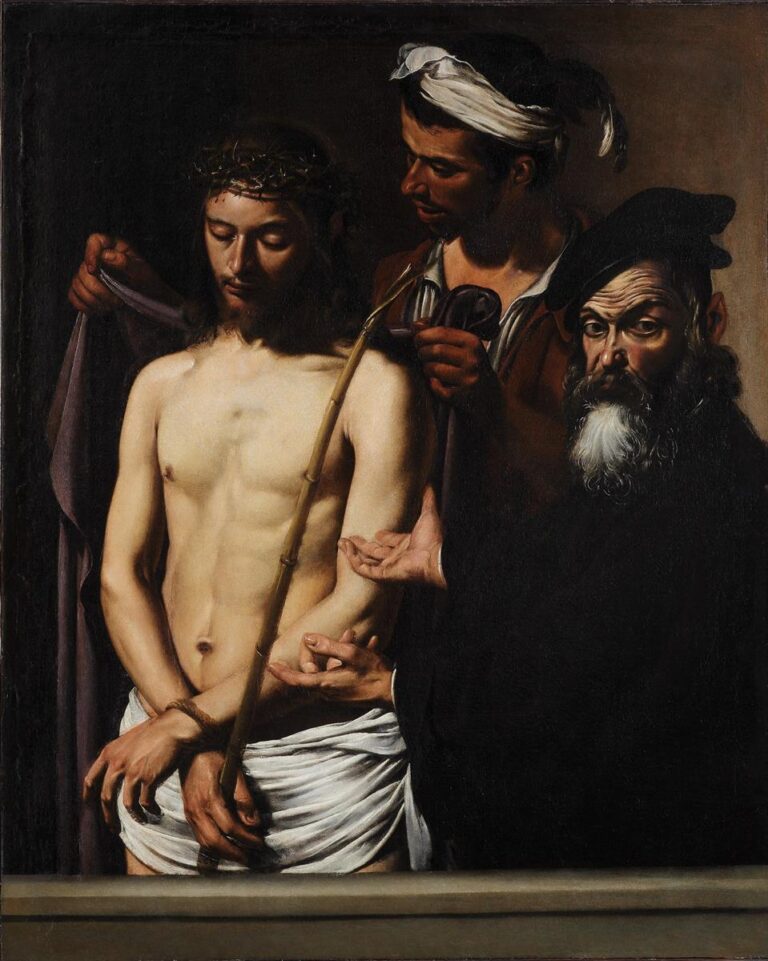 Christ stands bound and crowned with thorns before a parapet as a soldier adjusts a purple cloak and reed scepter, while an older official turns to the viewer with open palms; strong side light models bodies and props against a plain dark background.