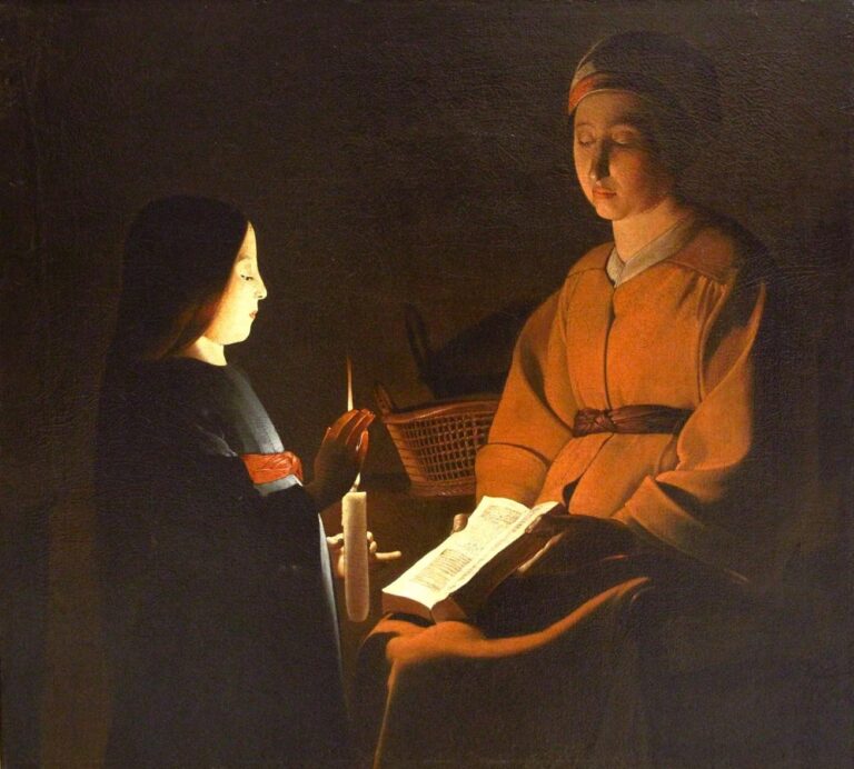 Candlelit interior where Saint Anne sits with an open book on her lap while the young Virgin Mary stands beside a candle, hand raised to shield the flame; warm light illuminates both faces, the page, and a wicker basket in a simple dark room.