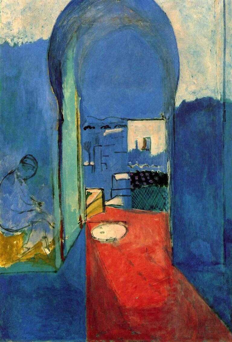 A Matisse interior from 1912 showing a blue arched doorway opening to a sunlit courtyard, with a wide red floor leading inward and a faint seated figure in a shaded alcove at left, rendered in broad planes of blue and red with minimal detail.