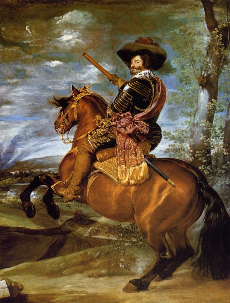 The Count-Duke of Olivares rides a rearing chestnut horse, wearing black-and-gold armor with a flowing violet sash and tilted hat, holding a commander’s baton as clouds and a thin tree rise behind him over an open plain.