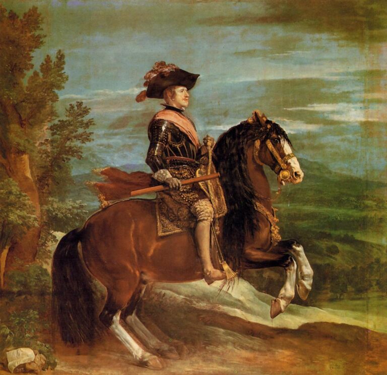 Philip IV sits in armor on a levading bay horse, holding a commander’s baton as a rose sash and cloak stream in the wind; trees rise at left and green hills recede under a blue, clouded sky.