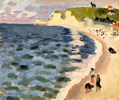 Wide coastal view of Etretat with a sweeping sandy beach, mosaic-like blue-green sea, white chalk cliffs topped with green, and small figures on the shore, painted in broad, expressive strokes by Henri Matisse.