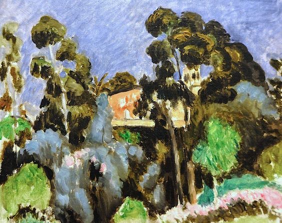 Sunlit Mediterranean hillside by Henri Matisse with eucalyptus trees in dark verticals, rounded green canopies, a pink-ochre villa glimpsed between trunks, and a cool blue sky; bold brushstrokes and shallow depth convey a calm, decorative rhythm.