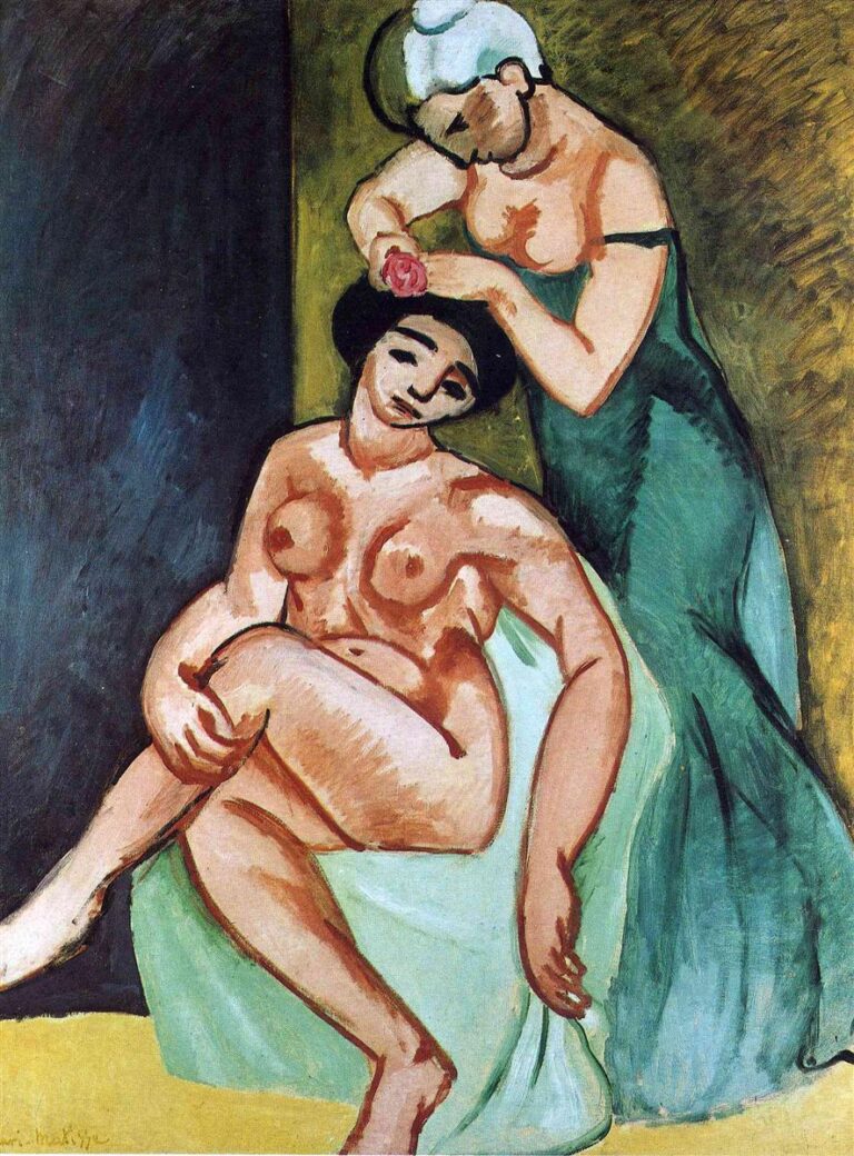 Two women in a shallow, Fauvist interior: a nude figure sits with legs crossed and head tilted as a standing woman in a green dress leans over to place a pink rose in her hair; strong black contours, flat fields of olive, green, and yellow, and broad brushstrokes create a calm, intimate atmosphere.