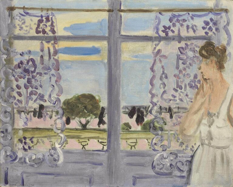 A young woman in a white dress stands at the right edge beside a sash window with lilac lace curtains; through the panes a pale sky and a garden with trees are visible, painted in soft blues and violets with loose, decorative brushwork.
