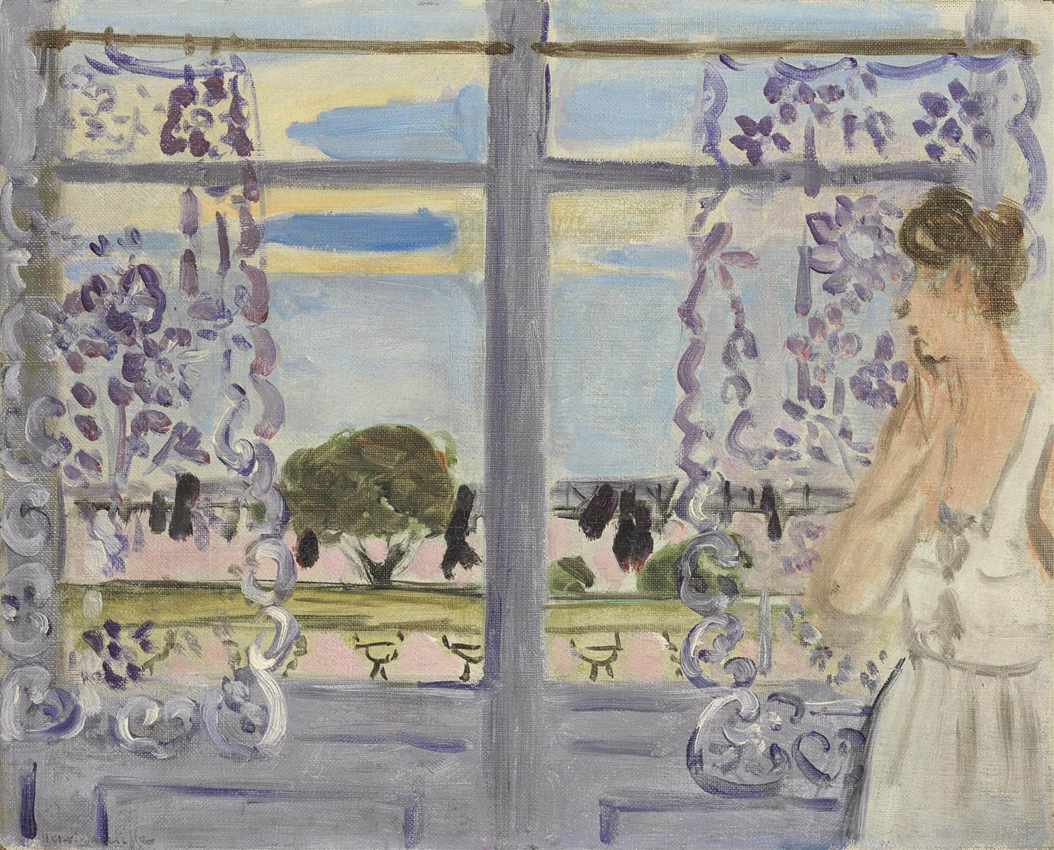 A young woman in a white dress stands at the right edge beside a sash window with lilac lace curtains; through the panes a pale sky and a garden with trees are visible, painted in soft blues and violets with loose, decorative brushwork.