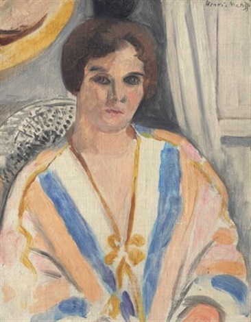 Half-length portrait of a woman in a loose robe with blue, pink, and ochre stripes, seated before a pale gray interior and patterned chair back; soft, simplified features and broad, unblended brushstrokes, 1920.