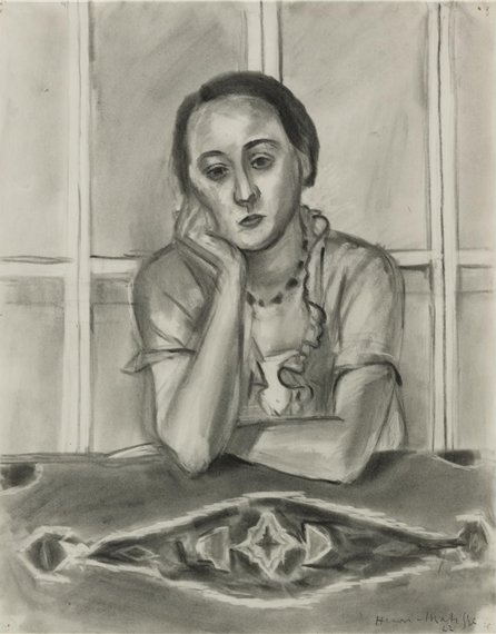 Charcoal portrait of a woman seated at a table, head resting on her hand, in front of a light-paned window; a dark, patterned Scutari carpet covers the table, its central diamond aligned beneath the sitter’s face; soft grays, elastic contours, and quiet highlights create an introspective, balanced mood.