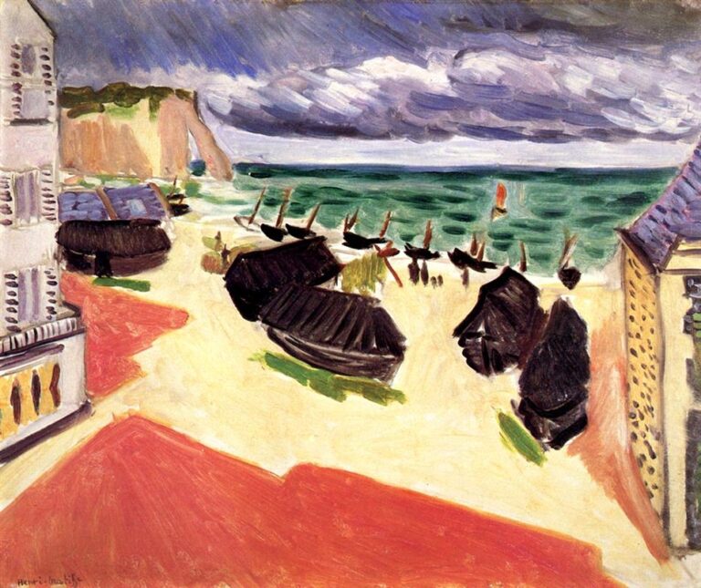 A winter view of Etretat’s beach with dark fishing boats hauled onto pale sand, a terracotta-red terrace in the foreground, green choppy sea under a gray clouded sky, and buildings flanking the scene at left and right, painted in simplified bold strokes.