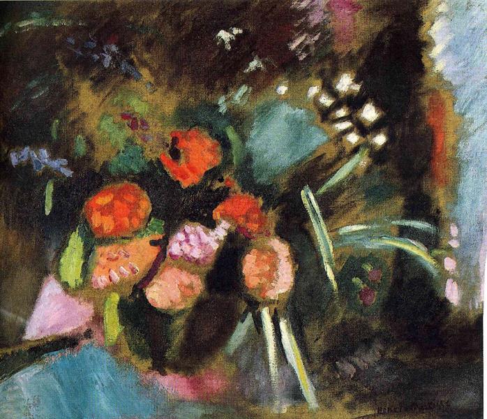 Henri Matisse’s “Flowers” (1906) shows a dark, atmospheric still life where orange and pink blossoms glow against deep greens and blues; stems catch bright linear highlights, white facets sparkle at upper right, and the bouquet seems to emerge from a velvety shadowed background.