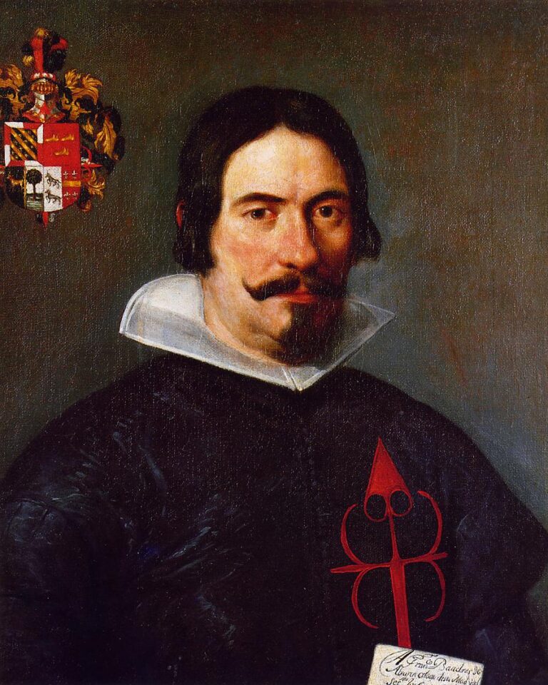 Half-length portrait of a man in black with a sharp white collar, neatly groomed moustache and beard, a red insignia on his chest, a small coat of arms in the upper left, and a paper cartellino at the lower edge, set against a softly dark background.