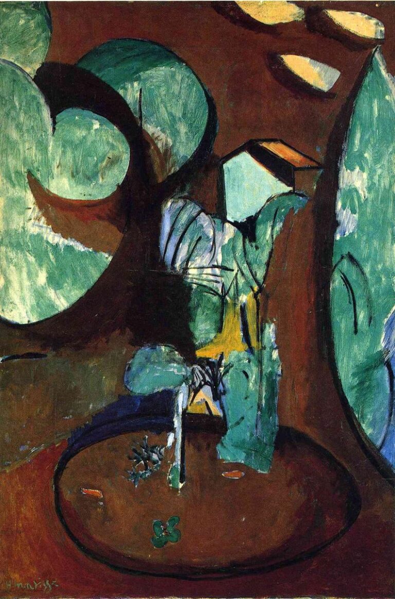 A 1917 Henri Matisse painting of a garden reduced to bold shapes: a red-brown ground with a dark-rimmed oval basin at the bottom, large teal-green leaf ovals cropped at the sides, a small turquoise-and-ochre house-like form near center, and several pale lozenges at the top; strong black contours and scumbled greens create a flat, modern, map-like composition.