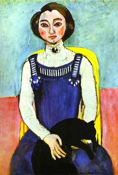 Front-facing portrait of a seated girl in a dark-blue pinafore over a pale blouse, framed by a yellow high-back chair; her cheeks are rosy, and a simplified black cat curves across her lap; behind her, a two-part background of rose and cool aqua-gray creates a calm, flat stage in Henri Matisse’s 1910 “Girl with a Black Cat.”