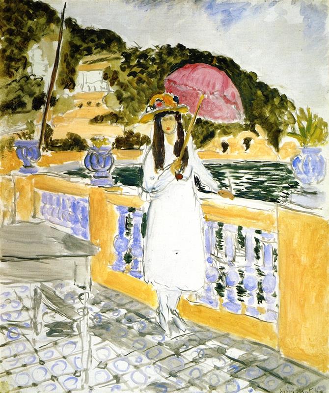A woman in a white dress holds a pink parasol on a tiled seaside terrace with ochre balustrade and blue urns; dark green hillside and water lie beyond, while sketchy lines and clear color blocks reflect Matisse’s light, decorative style.