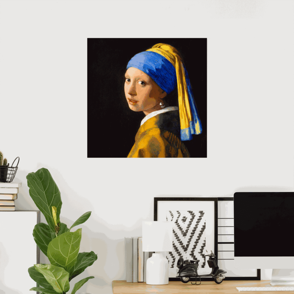 Poster of “The Girl with a Pearl Earring” by Johannes Vermeer (Dutch Golden Age painting), featuring the young girl in a blue and yellow turban with a pearl earring, displayed on a white wall in a modern home office.