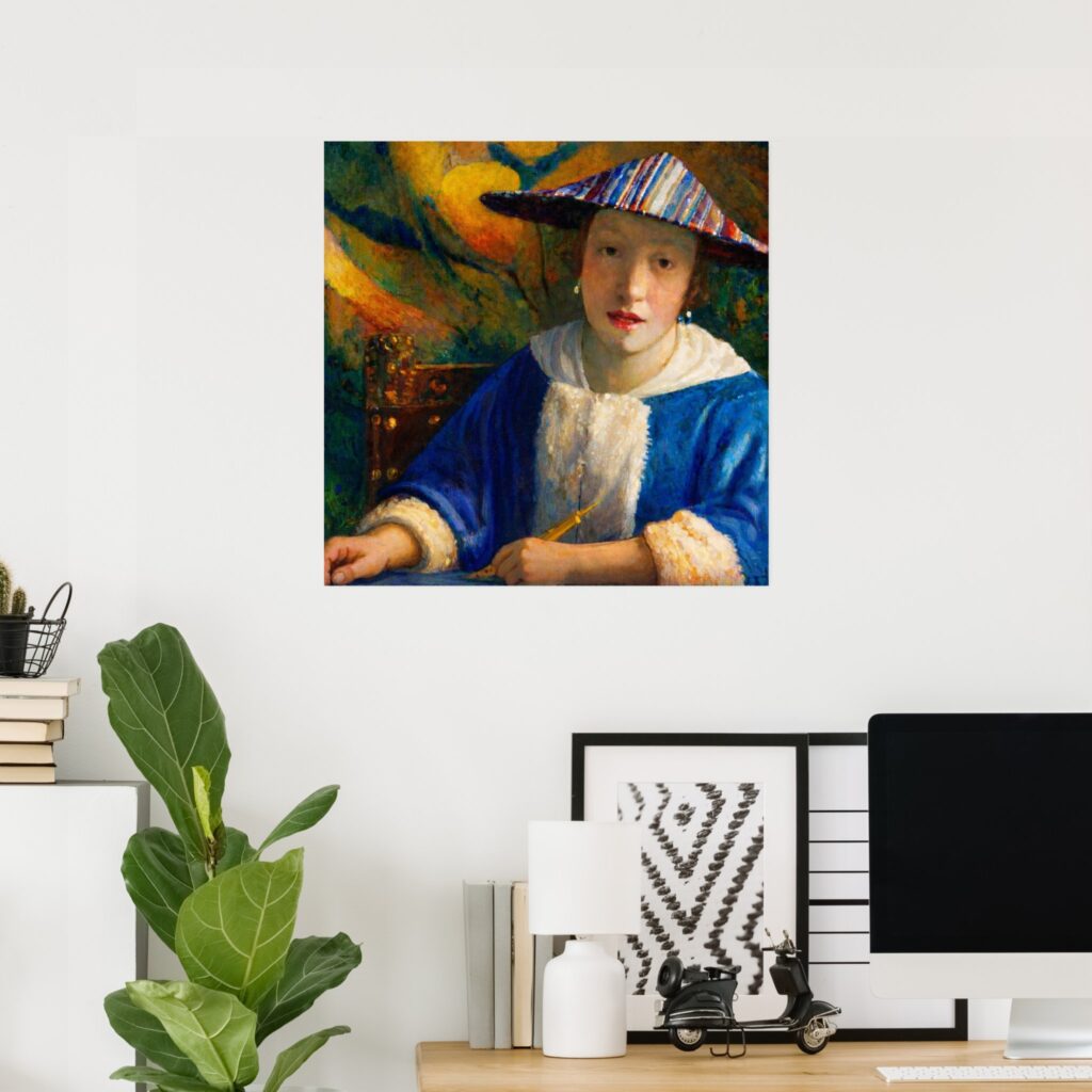 Poster of “Girl with a Flute” by Johannes Vermeer, featuring a young woman in a blue robe and striped hat against a colorful background.