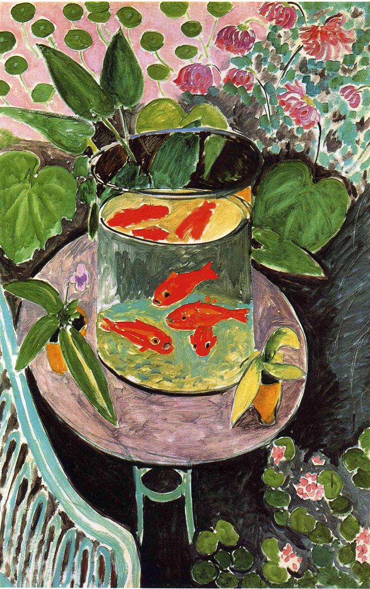 Round glass bowl of bright orange goldfish on a mauve table, surrounded by lush green leaves, a pale aqua chair, and a pink patterned backdrop; thick black contours and repeating circular leaf shapes unify the shallow garden interior in Henri Matisse’s 1911 “Goldfish.”