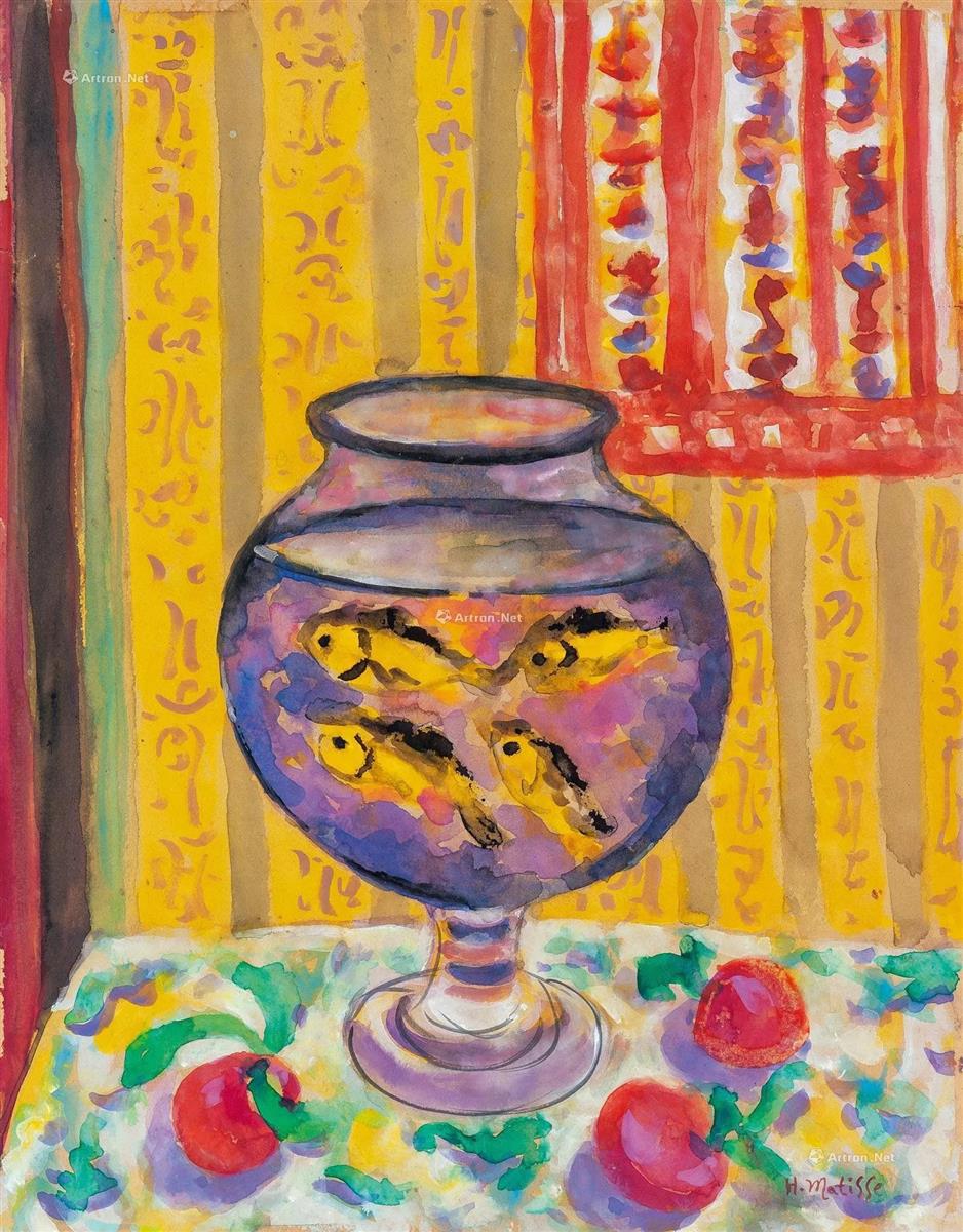 A round glass bowl filled with violet water and several yellow goldfish sits on a patterned cloth with red fruit; behind it rise yellow striped walls and a red decorative hanging, creating a bright, ornamental interior.