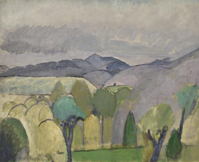 A calm landscape by Henri Matisse showing pale grey sky, blue-lavender hill ranges, and a foreground orchard of rounded green trees with slender trunks; simplified forms, thin dark contours, and soft brushwork create a balanced, atmospheric scene from 1918.