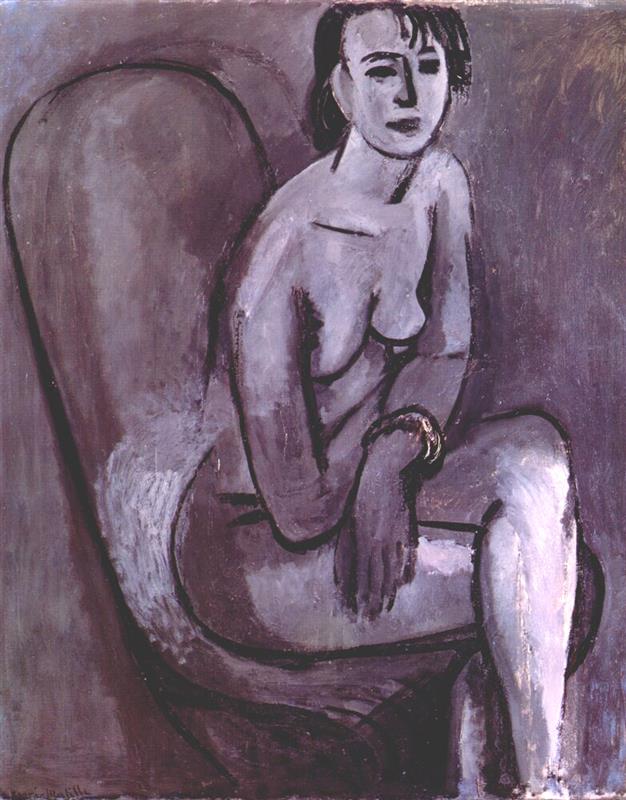 Monochromatic gray painting of a seated nude woman in an enveloping chair, her right forearm resting on her thigh and a dark bracelet on her wrist; forms defined by strong black contours and luminous highlights in Matisse’s 1914 style.