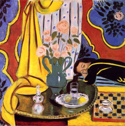 Round table with green jug of roses, glass of water, lemons on a saucer, and small perfume bottle before red patterned panels; bright yellow curtain at left and a woman dozing at right in a black dress with yellow bands; intimate decorative interior by Henri Matisse, 1927.