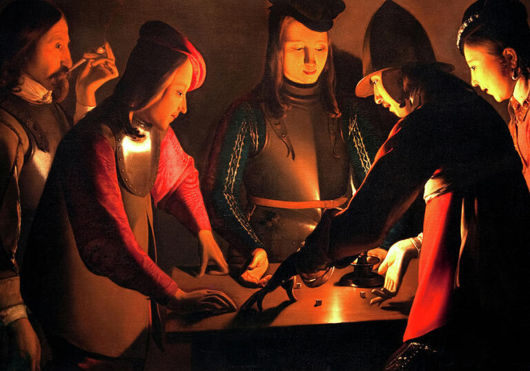 Candlelit group of soldiers and youths clustered around a table as one releases dice; faces and armor glow in warm light while surrounding darkness frames their concentrated gestures.