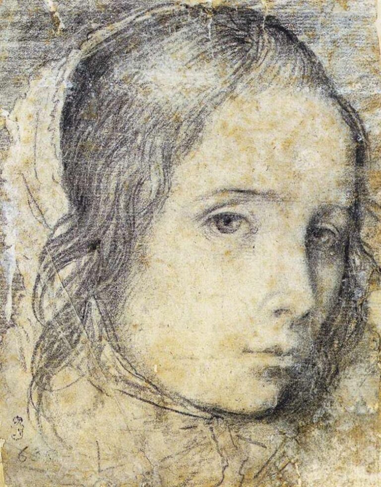Close three-quarter view of a young girl’s face drawn in black chalk on worn paper; soft light catches the forehead and cheek while loose strands of hair frame calm, reflective eyes.