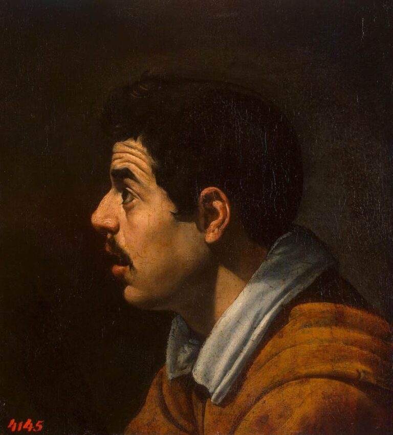 Side-profile of a mustached man lit from the left against a dark background, highlighting nose, cheekbone, ear, and white collar above a brown garment.