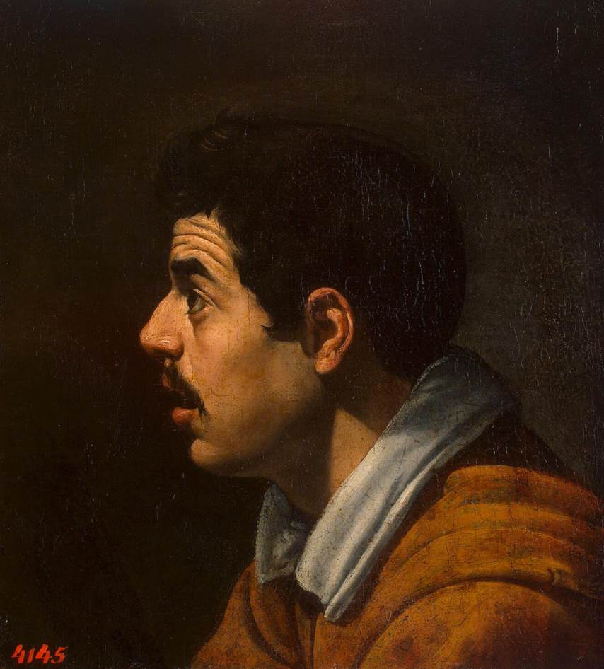 Side-profile of a mustached man lit from the left against a dark background, highlighting nose, cheekbone, ear, and white collar above a brown garment.