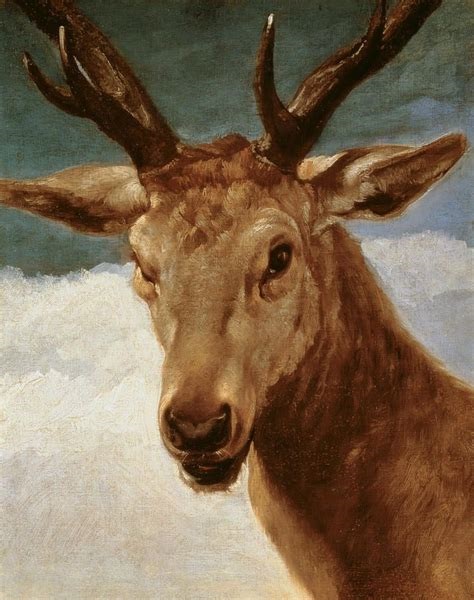 Close, bust-length view of a stag’s head with antlers set against a blue-and-clouded sky, its moist muzzle and alert eyes rendered with lively, textured brushwork.