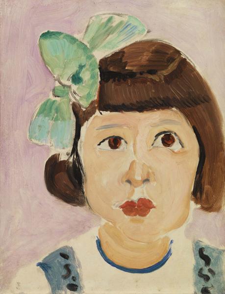 A small portrait by Henri Matisse of a young girl with a blunt brown bob and a large mint-green bow against a lilac background; her warm face fills the frame, eyes simply outlined in black, lips a small red bloom, with blue accents at the collar and shoulders; bold contours and broad brushstrokes create a clear, modern image.
