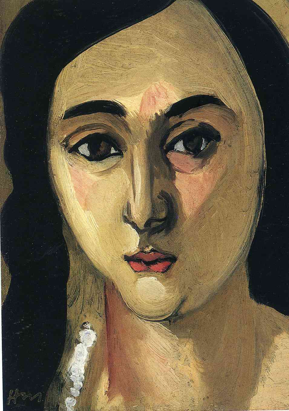 Close-cropped 1917 portrait by Henri Matisse showing Lorette’s face frontally against a black ground; warm buff flesh with subtle rose accents, strong black brows and eye contours, small parted red lips, and a curtain of dark hair framing the oval, painted with visible brushstrokes and sculptural planes.