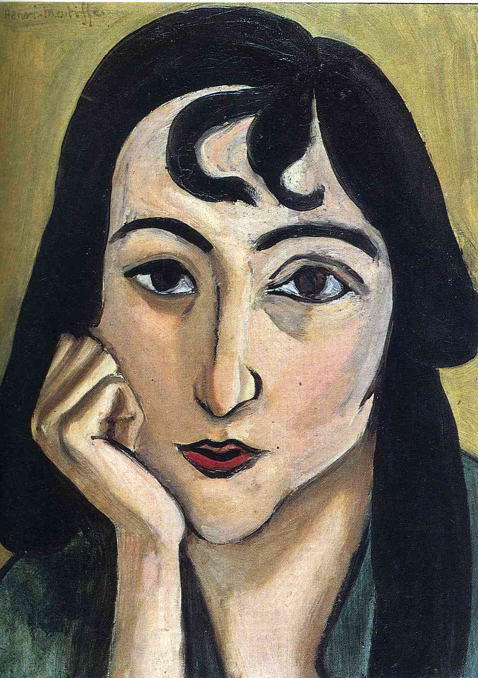 Close-up 1917 portrait by Henri Matisse of Lorette resting her cheek on her hand; dark hair frames a pale oval face, a spiral curl crosses the forehead, eyes are wide and slightly asymmetrical, mouth a muted red, background a quiet ochre; strong black contours and simplified planes convey clarity and intimacy.