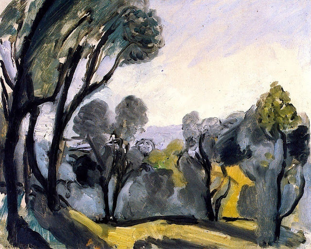 Mediterranean landscape with leaning olive trees, dark serpentine trunks, gray-blue canopies, yellow sunlit ground, and a pale sky; simplified forms, visible brushwork, and tuned warm–cool contrasts characteristic of Matisse’s 1918 Nice period.
