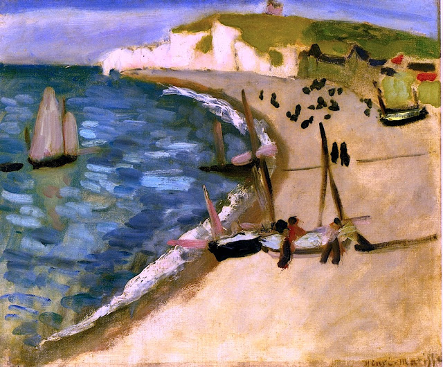Sweeping Normandy beach with tiled blue-green sea, thin white surf, chalk cliffs and green headland, beached boats and angled poles with small groups of figures on sand, painted in broad strokes by Henri Matisse.