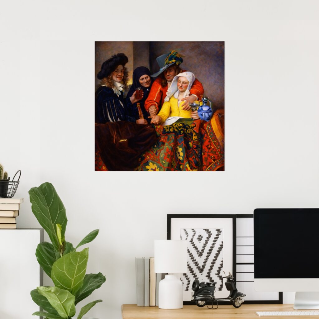 Poster of The Procuress by Johannes Vermeer, a Dutch Golden Age genre painting showing a lively tavern scene with four figures in rich red, yellow, and blue tones.