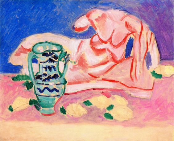 Reclining male nude outlined in bright red on a pink surface with an ultramarine-blue background; simplified peach and rose flesh tones, a tall green amphora with dark decorative bands at left, and yellow lemons with green leaves scattered across the foreground—loose, expressive brushstrokes typical of Matisse, 1908.